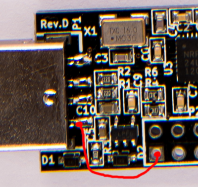 Solder red wire to fix missing D1 diode