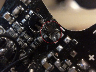 the red ring is where the component broke of and the white ring is where the smoke came from
